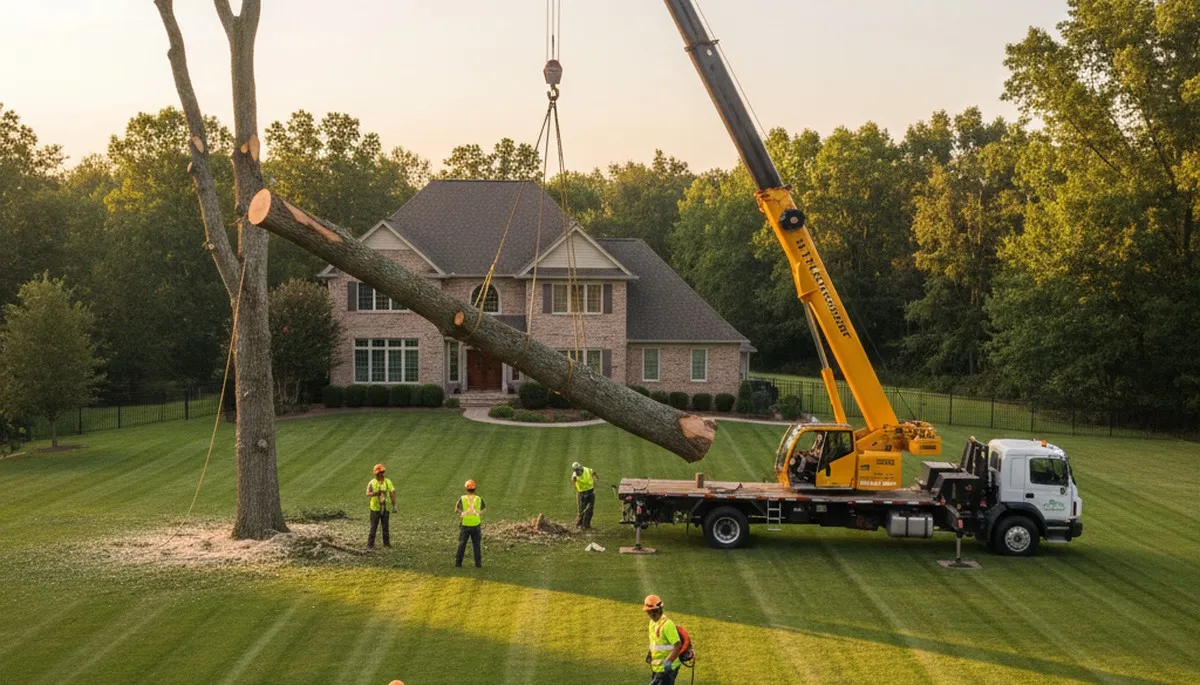 Professional tree and lawn service crew trimming trees in Omaha, NE for Chop Chop Tree