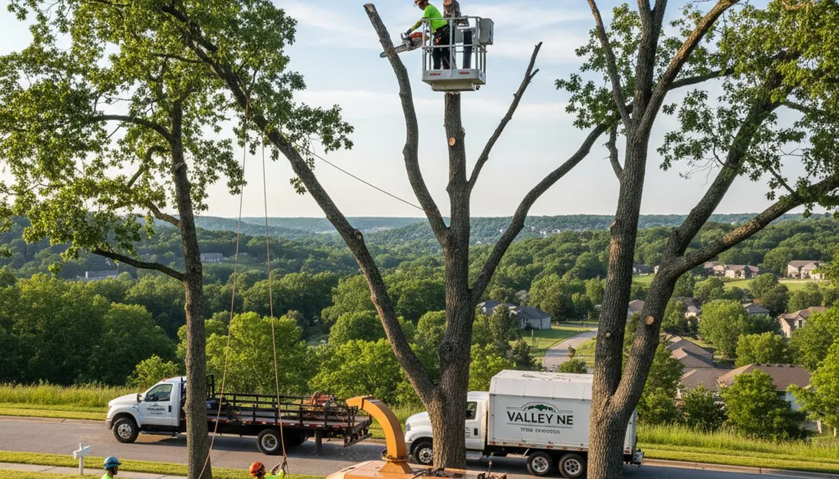 Professional tree removal service in Omaha, NE safely cutting down large oak tree